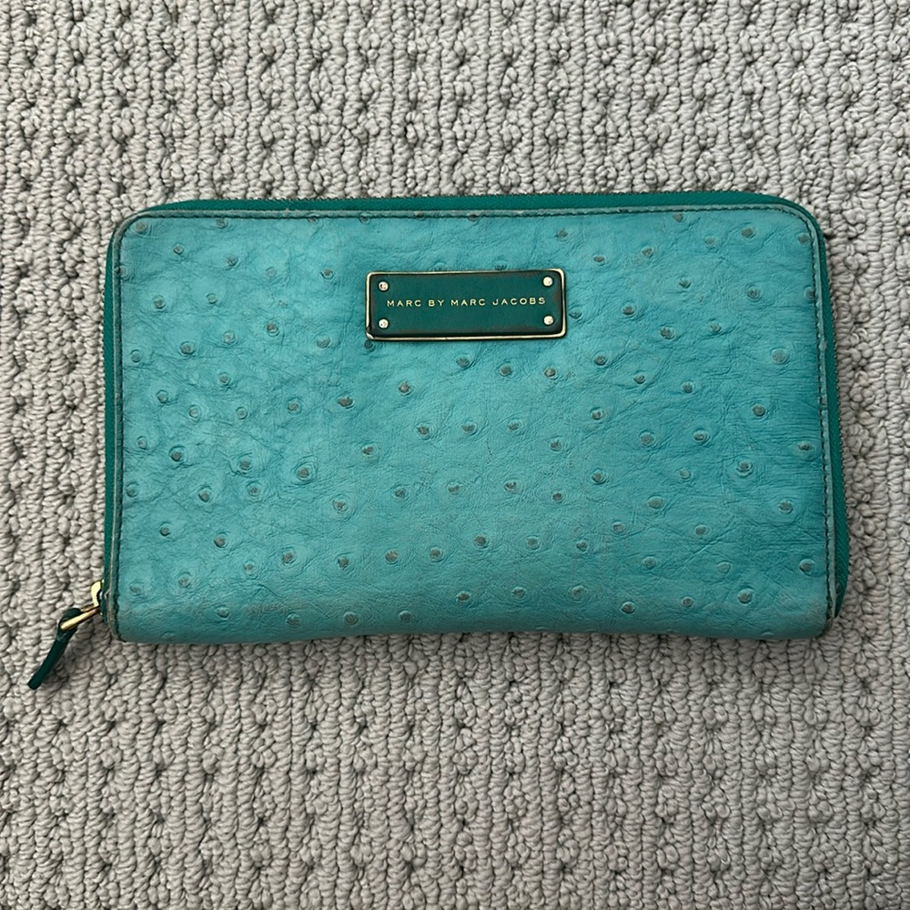 Marc Jacobs Teal Aqua Blue Ostrich Leather Bi Fold Zip Around Large Wallet